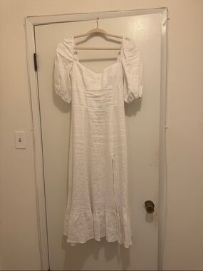 White Puff-Sleeve Midi Dress - Classic Women's Linen Dress